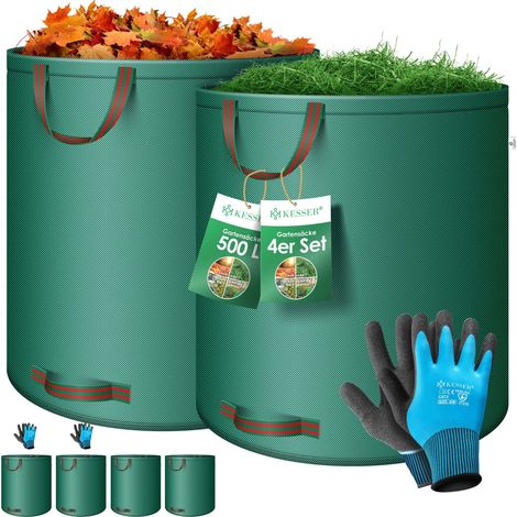 KESSER® Gartensack Set Laubsack Gartenabfallsack inkl. Handschuhe - Selbststehend 4 Griffe Stabil Robust & Faltbar - Laubsäcke Rasenschnitt Gartensäcke   Grün / 4x 500 Liter