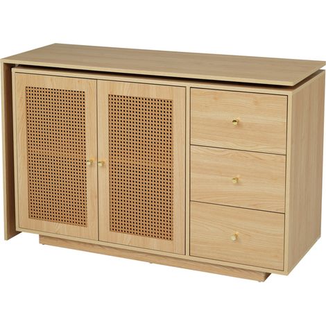 Scrivania angolare a L con ante effetto rattan, MDF, naturale, 126 cm (1/5)