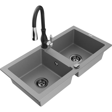 Mexen Mario 2-Becken-Granitspüle mit Mischbatterie Savita, Grau - 6504-71-672601-70-B