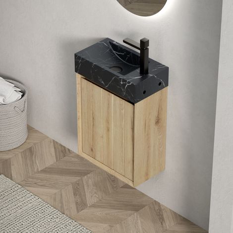 Mueble de baño suspendido con encimera de mármol negro armario de madera contrachapada a rayas y acabado en roble blanco (1/5)