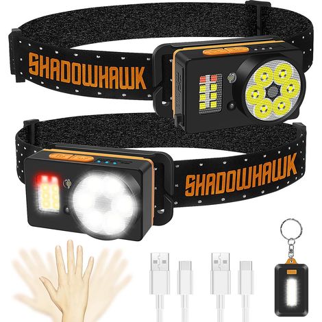 Ultra Powerful Led Headlamp, Rechargeable Professional Headlamp, USB Sensor Head Torch 1300 Lumens, with Red Light, for Child, Adult, Camping, Fishing, Hiking (2 Pieces)