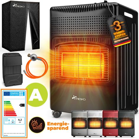 TRESKO® 4200 Watt Gasheizer rot inkl. Gasdruckregler Gasschlauch + Abdeckung Gasofen Gasheizofen Keramik mit 3 Stufen Infrarot Gasheizgerät Heizstrahler für Butan- oder Propangasflaschen bis 15 kg