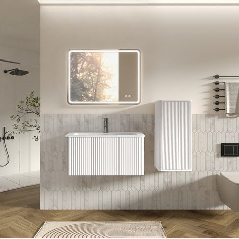 Ensemble meuble de salle de bain suspendu 60 cm avec vasque en résine, LED miroir carré et colonne latérale blanche (1/5)