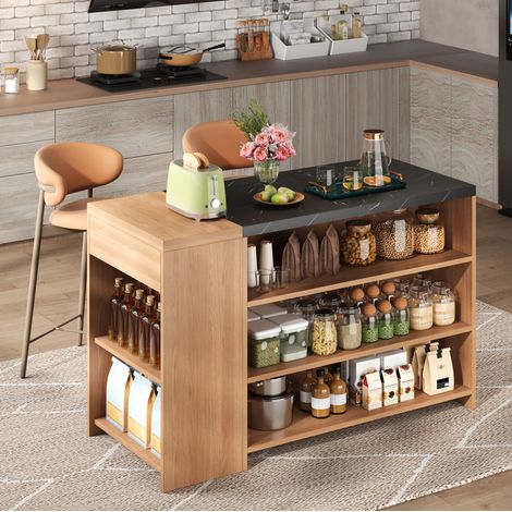 Kücheninsel-Bar 140 x 60 x 90 cm, 5 Ablageebenen, schwarz und natur HAVRYA (1/5)