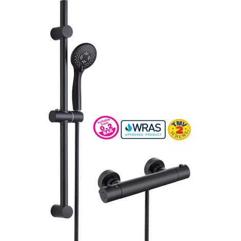 Matt Black Thermostatic Round Bar Mixer Shower Valve + Riser Rail + Head + Hose (1/4)