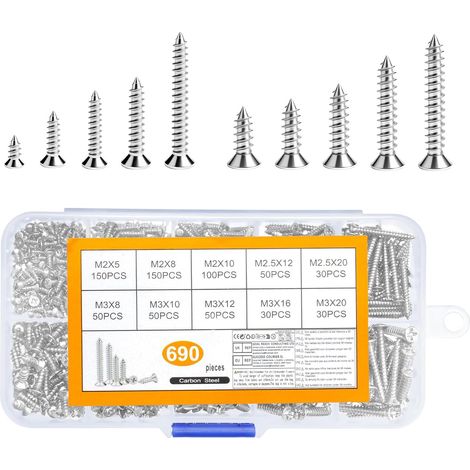 690 Pcs M2 M2.5 M3 Vis à Bois, Vis Autotaraudeuses, Petites Vis à Tête Fraisée Cruciforme, Vis à Tête Plate Croisée, Vis Autoperforante Autoforeuse pour Bois Meubles Modélisme(argent) (1/5)