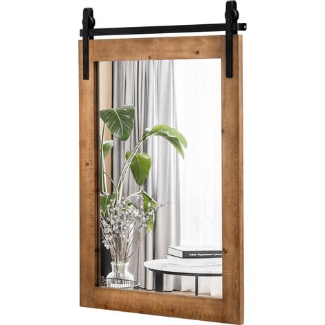 Specchio a parete farmhouse 76,5x56cm, Specchio a muro rettangolare con cornice in legno staffa in metallo Marrone (1/4)