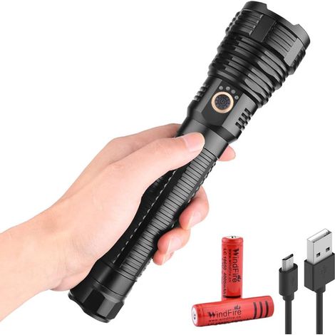 Linterna LED XHP70 potente, linterna recargable súper brillante de 10,000 lúmenes, con zoom, 5 modos, linterna táctica impermeable para acampar, actividades al aire libre, emergencias o (1/5)