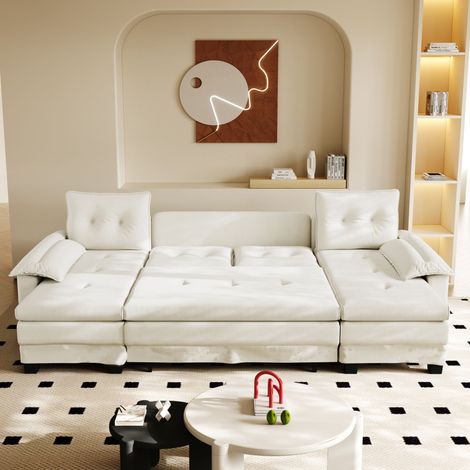 Divano letto a U 278 x 127 x 87 cm in ciniglia crema, modulabile FloraGrace (1/5)