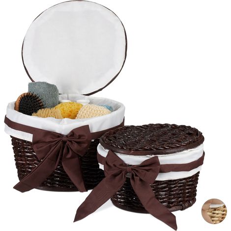 Relaxdays - Juego de 2 cestas de baño con tapa, trenzadas de madera buri, redondas decorativas, color marrón chocolate