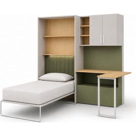 Cameretta Moderna Con Letto A Scomparsa Scrivania Armadio E Cassettiera Composizione Salvaspazio In Melaminico Per Bambini Ragazzi E Ospiti 133 X 208.5 X 45-216 Cm Cashmere E Verde (1/5)