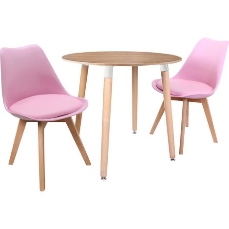 Halo Round Lorenzo Dining Set - an Oak Wooden Dining Table and Set of 2 Pink Polypropylene Dining Chairs - Dining Room Kitchen