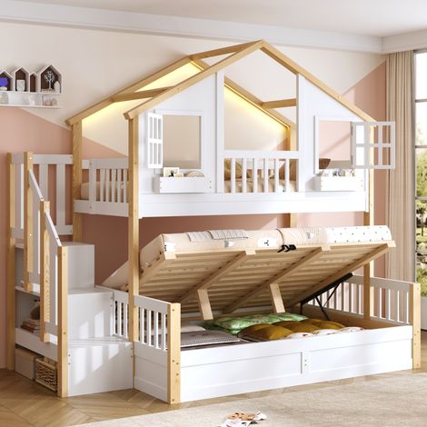Strutture letto a castello 90/140x200 cm, con letto inferiore rialzabile e scala contenitiva, in legno, bianco, senza materasso (1/5)