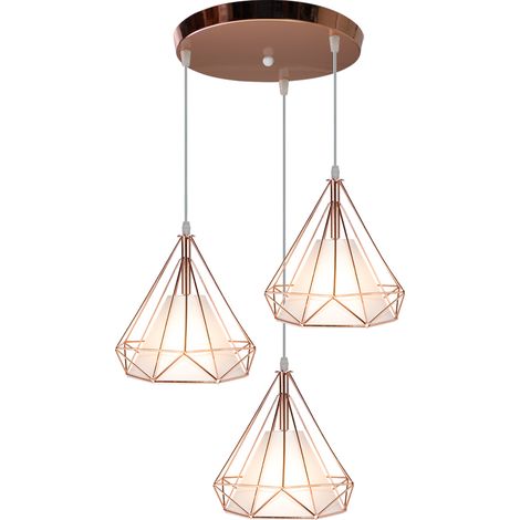 Pendelleuchte Vintage Roségold, Hängelampe Diamant Käfig E27 Höhenverstellbar für Esstisch Küche Wohnzimmer Cafét (3 flammig)