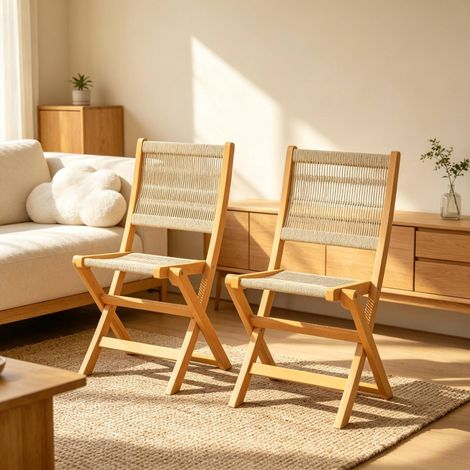 Sedia da giardino pieghevole in acacia e PP, beige e naturale, set da 2 (1/5)