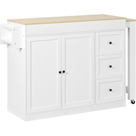 CAIziÎlot de cuisine sur roulettes, îlot de cuisine avec coin repas extensible, porte-épices et tiroirs, îlot de cuisine mobile autoportant, idéal pour la cuisine et la salle à manger (Blanc) (1/5)