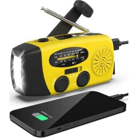 Radio d'urgence solaire et manivelle avec lampe LED, chargeur portable 2000 mAh, réception AM/FM/WB, couleur jaune (1/5)