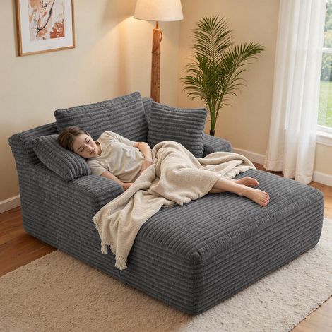 Bodensofa mit Schlaffunktion, Cord, Chaiselongue, Grau (1/5)