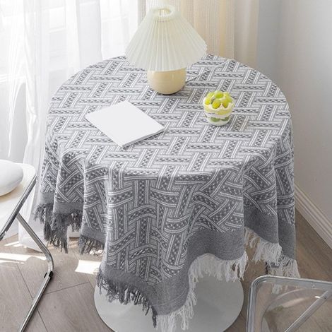 Nappe grise avec pompons en coton mélangé anti-poussière pour banquet, buffet, événement, 130 x 230 cm (130 x 130 cm) (1/4)