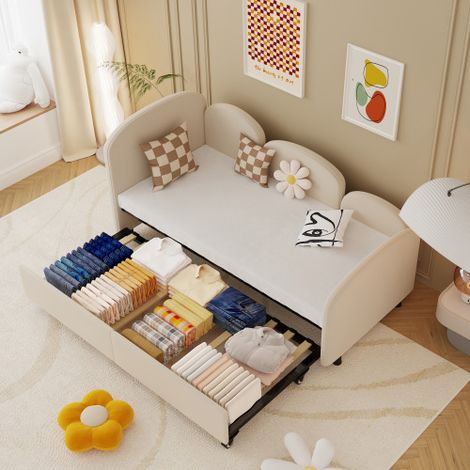Lit jour twin avec tiroirs de rangement, lit jour en velours rembourré, canapé-lit moderne pour chambre à coucher, salon ou chambre d’enfants, cadre de lit jour moderne (1/5)