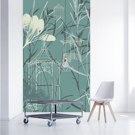 Papier peint intissé 250 cm X 150 cm, motif pergolas en fer, jardin public, fond vert, style champêtre. (1/2)