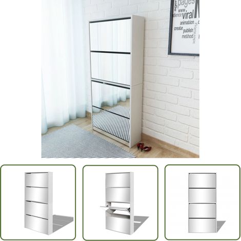 The Living Store Meuble à chaussures 4 étagères et miroir 63x17x134 cm Blanc - Meubles À Chaussures - Rangements Chaussures - Organisateur Chaussures - Placard Chaussures - Entrée Décorative (1/5)