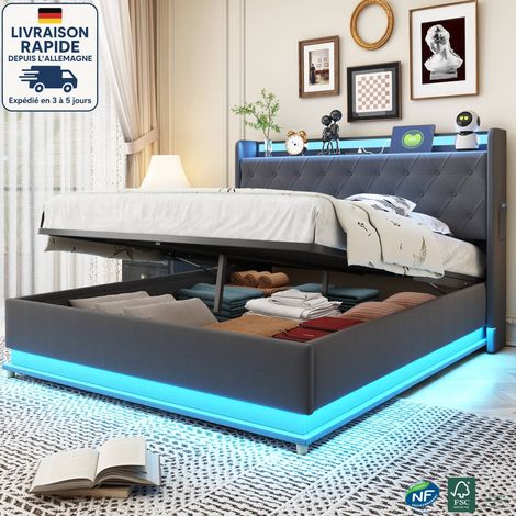 Cama con canapé 140x200 cm, tapizada, con puerto de carga USB y almacenaje hidráulico, tela de lino, color gris (1/5)