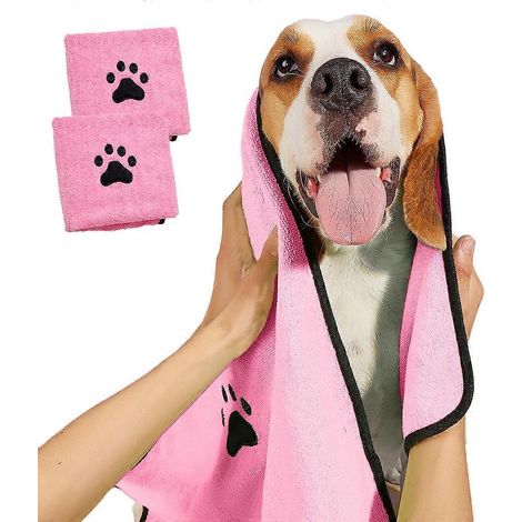2 serviettes de bain pour animaux de compagnie - Serviettes de bain épaisses en microfibre absorbante à séchage rapide pour chiens et chats - Rose (1/5)