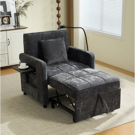 Poltrona letto 167x79x83 cm grigio scuro in chenille con schienale reclinabile e vani portaoggetti (1/5)