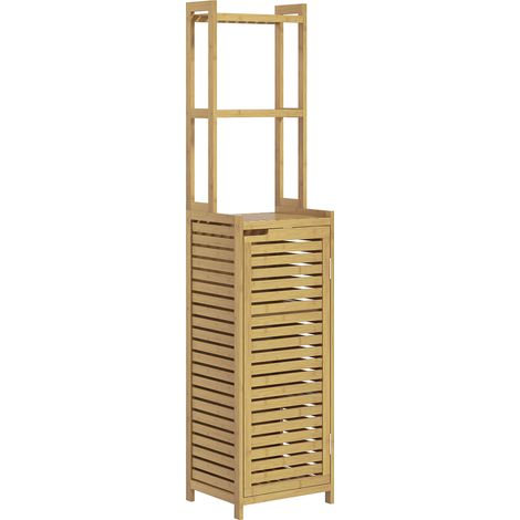Meuble colonne armoire haute de salle de bain en bambou avec 3 étagères et placard 1 porte 38,5 x 33 x 170 cm naturel