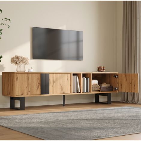 Mueble TV asimétrico 160x40x50 cm con 3 puertas, 2 espacios abiertos, gestión de cables, madera natural y patas negras (1/5)
