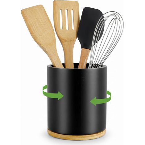 Pot Ustensiles Cuisine en Bambou Pivotant à 360°, Rangement Ustensiles Cuisine pour Comptoir, Pot pour Ustensiles de Cuisine, 18.5×15.5×15.5 cm, Décoration de Cuisine. (Noir) (1/5)