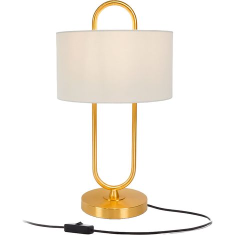 Relaxdays Tischlampe, offene U-Form, Leinenschirm, E27, HD 55x30,5cm, Nachttischlampe mit Kabel, Schlafzimmer, weiß/gold