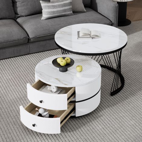 DESMIU Table Basse Gigogne Ronde avec 2 Tiroirs, Plateau Brillant Aspect Marbre, pour Salon, en MDF, Blanc (1/5)