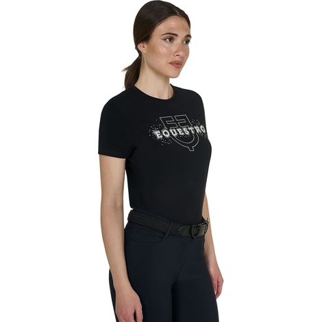S, Bianco: T-shirt da donna a manica corta in cotone con una stampa e strass (1/5)