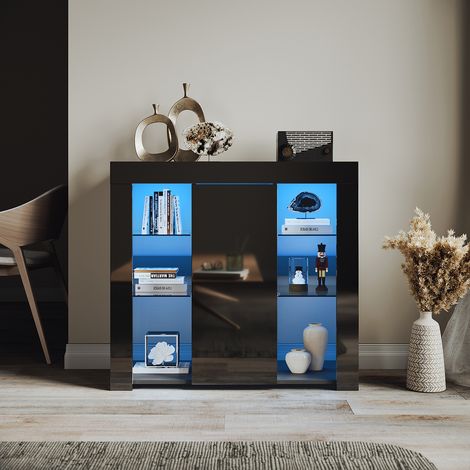 ELEGANT High Gloss Sideboard Units with 1 Door and LED Light, Open Compartments, Adjustable Tempered Glass Cabinet, Black, 900x350x830mm (1/5)