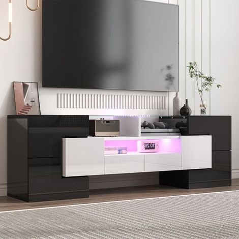 Mobile TV modello, Bianco lucido, illuminazione LED, 6 porte, 2 cassetti, mobile da soggiorno, 145 x 30 x 51 cm