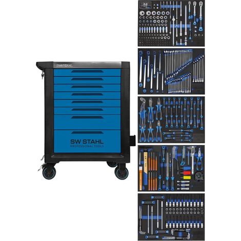 SW-Stahl Z3110 Profi Werkstattwagen TT801 blau I 8 Schubladen I 5 Schubladen gefüllt I 341 teilig I Werkstatt Rollwagen mit Werkzeug bestückt I Twin-Lock I Werkstattwagen kit I voll ausgestattet (1/5)