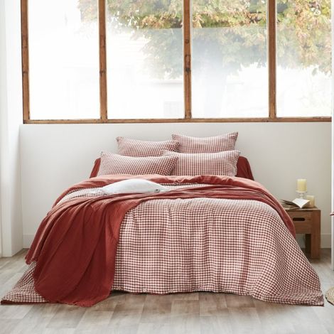 Housse de couette 260x240 gaze de coton carreaux terracotta Terre de Nuit Vichy (1/2)