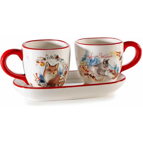 Set da due pezzi di tazzine da caffè in ceramica con decori animali della neve e piattino / vassoio, Tazzina: Ø 6,5 cm x 6 H