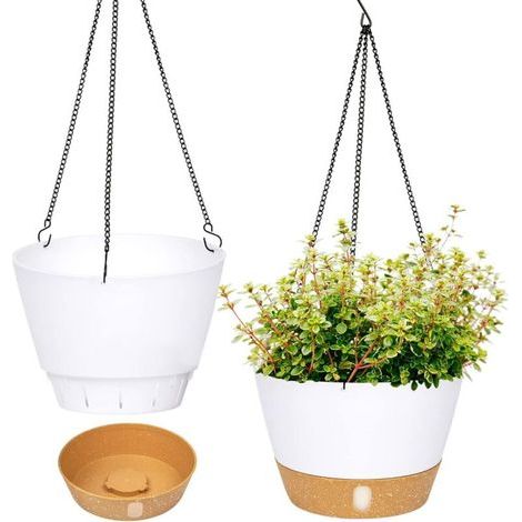 Pack Hanging Planters, 10" Diameter Indoor Outdoor Hanging Flower Pot with Drainage Hole and 3 Hooks for Garden Home (White) (1/5)