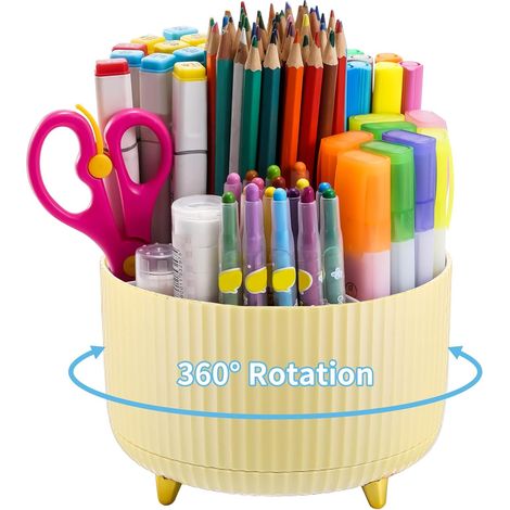 Organiseur de bureau, porte-stylo rotatif à 360°, accessoires d'organisation de bureau avec 5 compartiments, rangement pour stylos et fournitures de maison (Jaune) (1/5)