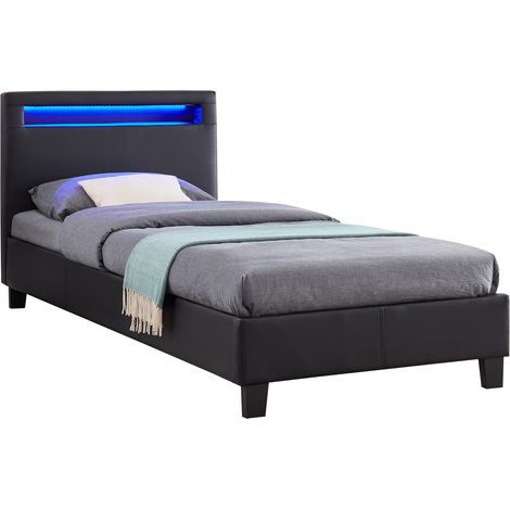 Idimex – Lit simple noir 90x190 cm – Tête de lit rembourrée avec éclairage LED – Sommier à lattes inclus – Design moderne et élégant (1/4)