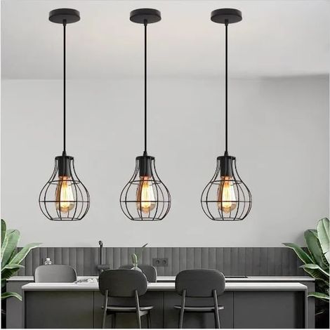 Lot de 3 Lustre Salon Noir Lampe Suspension Luminaire Industrielle en Cage Fer Forge pour Salon Chambre (1/4)