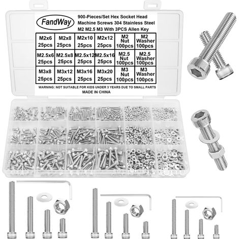 M2 M2.5 M3 Vis à Six Pans Creux,900 Pièces Vis à Métaux Tête Cylindrique,Jeu de Boulon et écrous Rondelles,Boulon a Tête Hexagonale en Acier Inoxydable 304,Avec 3 Clés Hexagonales. (1/5)