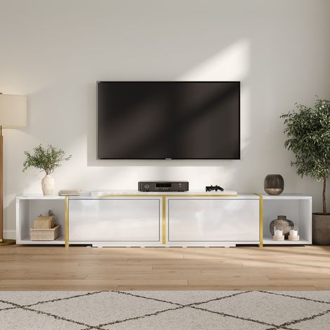 Meuble TV extensible modulable à façades laquées brillantes, design moderne, compartiments ouverts, panneaux particules 275x35x37 cm, blanc (1/5)