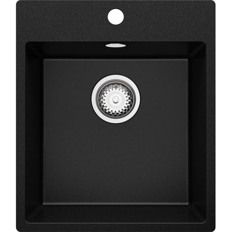 PRIMAGRAN Evier Cuisine en Granit 43x50cm, Lavabo 1 bac + Kit de Vidage, Évier à Encastrer au meuble 45cm - Riga, Noir