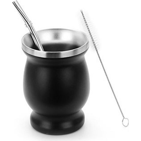 Gourde à Maté en Acier Inoxydable Noir avec Paille et Brosse de Nettoyage - Idée Cadeau (1/5)