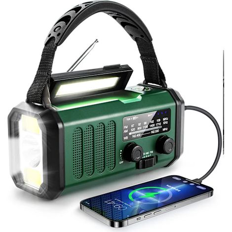 Überlebensradio mit 10000-mAh-Akku, Taschenlampe, Solar- und Kurbelbetrieb, AM/FM-Radio mit Wetteranzeige, SOS-Alarm, USB-C-Anschluss, militärgrün