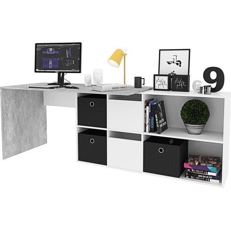 Scrivania Multiposizione con Scompartimenti Murcia Scrittoio Mobile per Computer Desk da Ufficio Soggiorno Sala da Pranzo 136 x 74 x 66 cm Colore Bianco Lucido E Grigio Cemento (1/5)